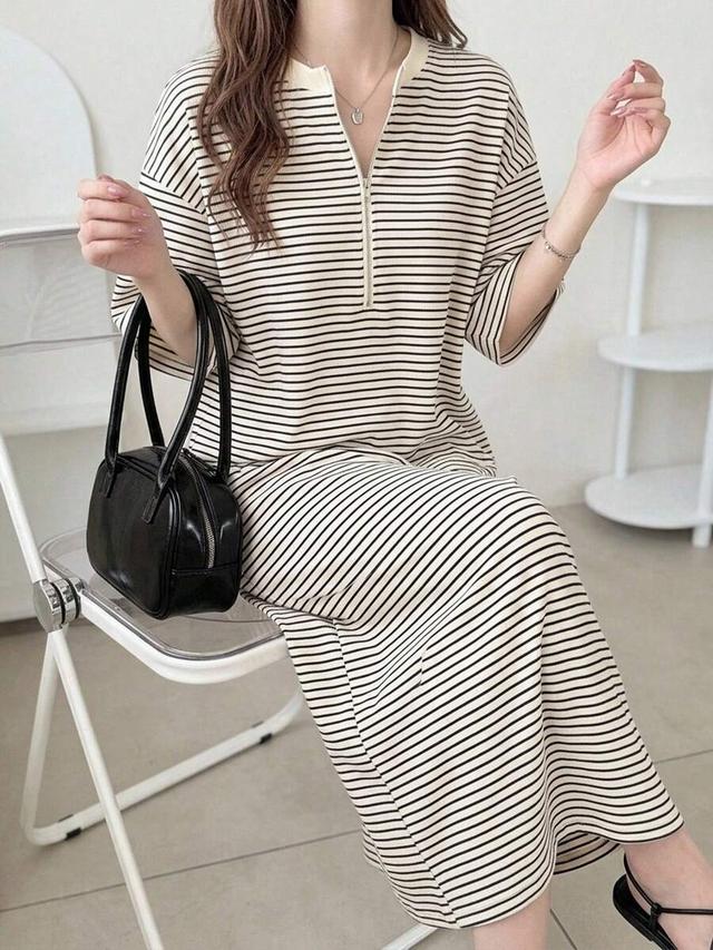 striped zipper design short sleeve casual loose long dress