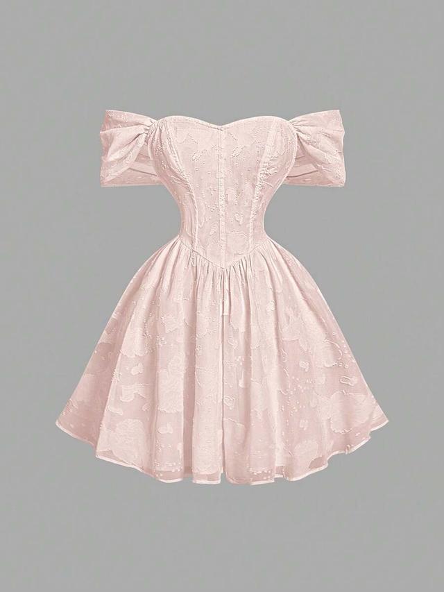 pink off-shoulder romantic textured mini dress