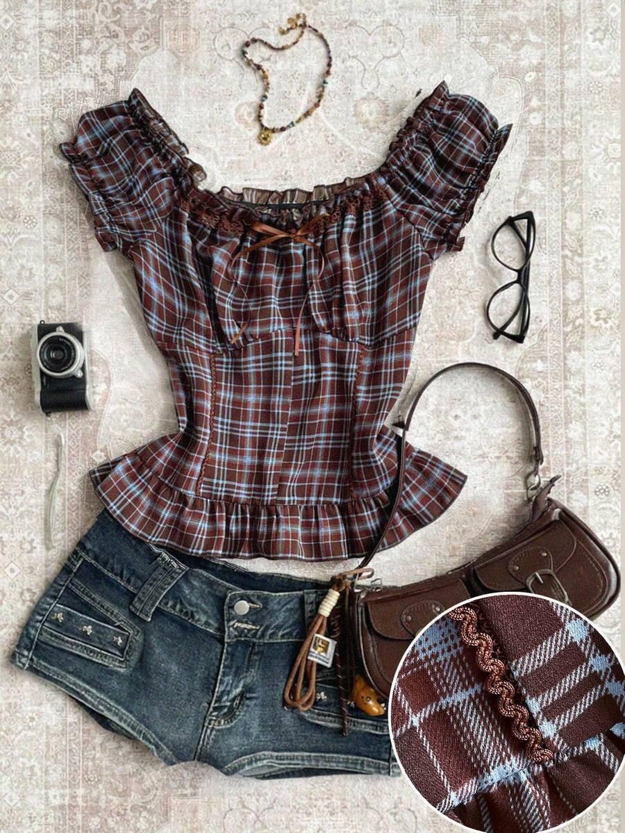 brown plaid off-shoulder ruffle trim blouse