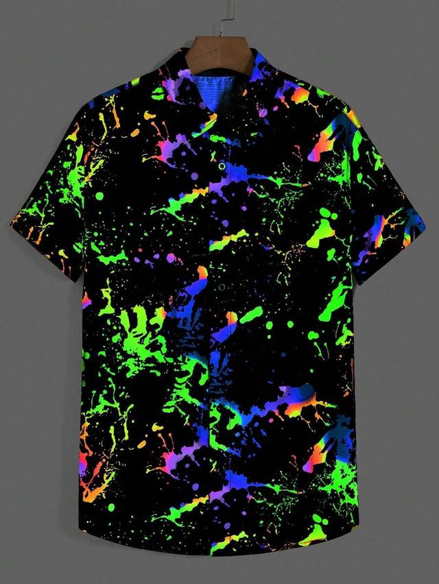 reflective splash ink print short sleeve button up shirt