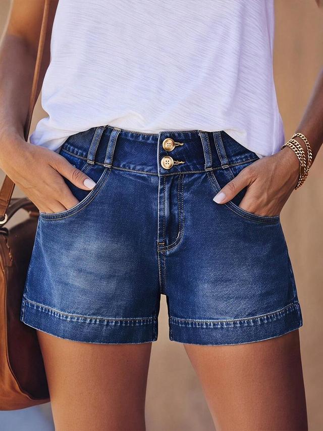 navy blue high-waisted button-front denim shorts