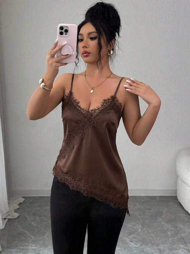 brown satin camisole with french lace patchwork