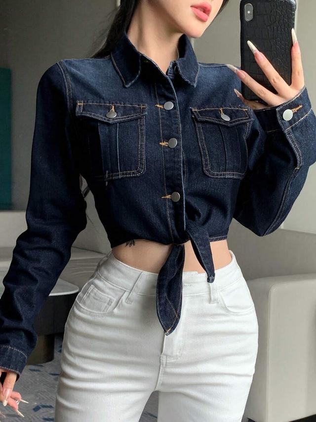 dark wash denim tie-front cropped shirt