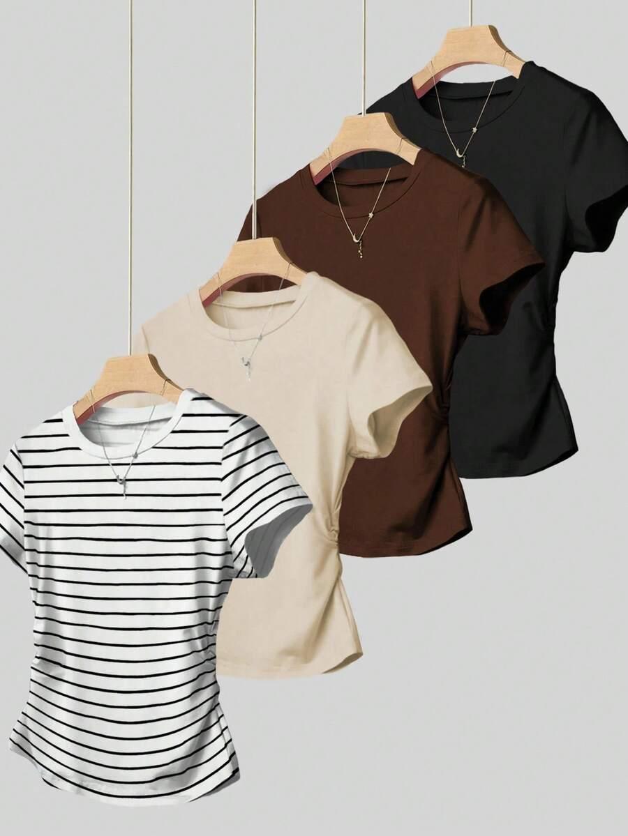 black women's round neck short sleeve pleated casual versatile t-shirt
