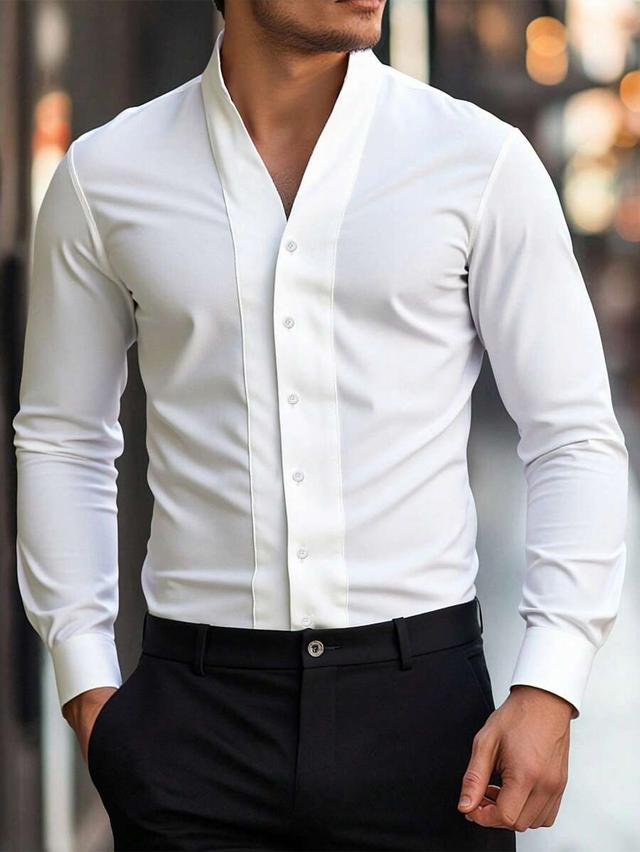 white long sleeve button-down shirt with v-neck placket