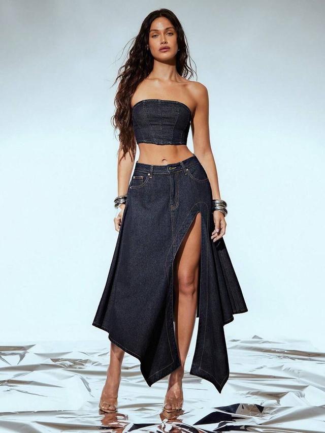 dark wash denim midi skirt with asymmetric front slit