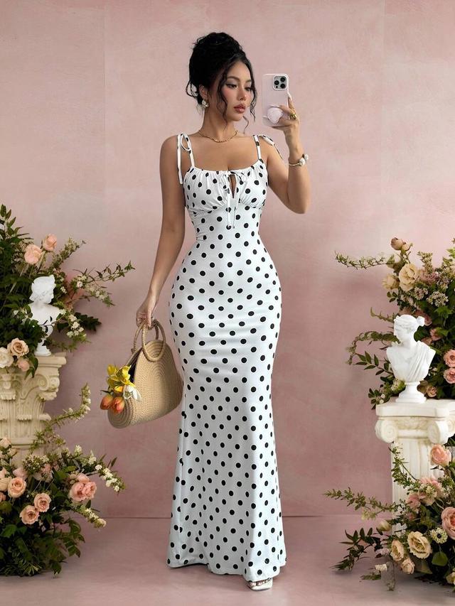 white and black polka dot midi dress