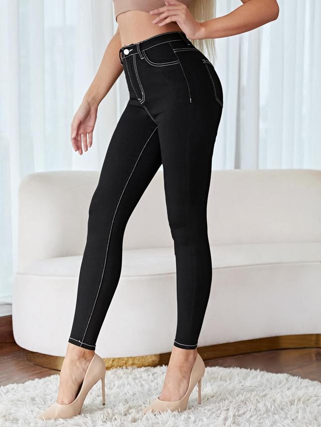 black slim fit trousers with contrast outer seam stitching