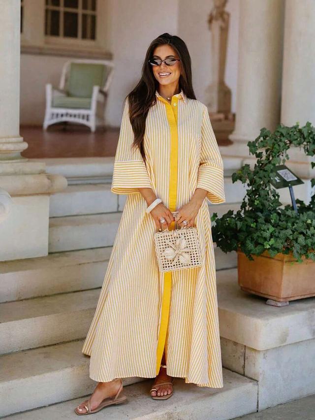 yellow striped button front shirt dress