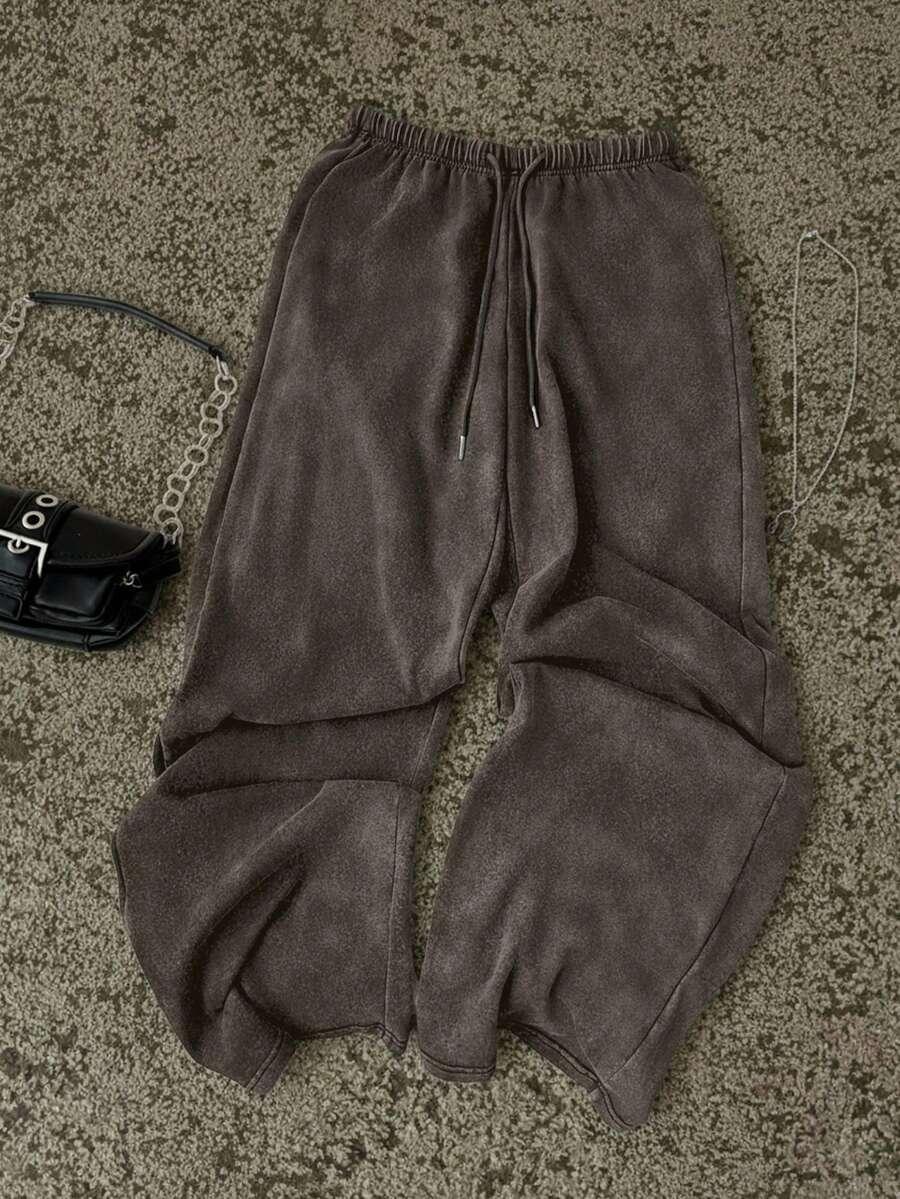 washed cotton drawstring waist wide leg pants