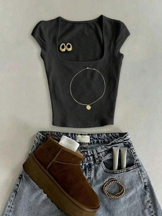 black islasuriya classic square-neck pure black summer basic t-shirt