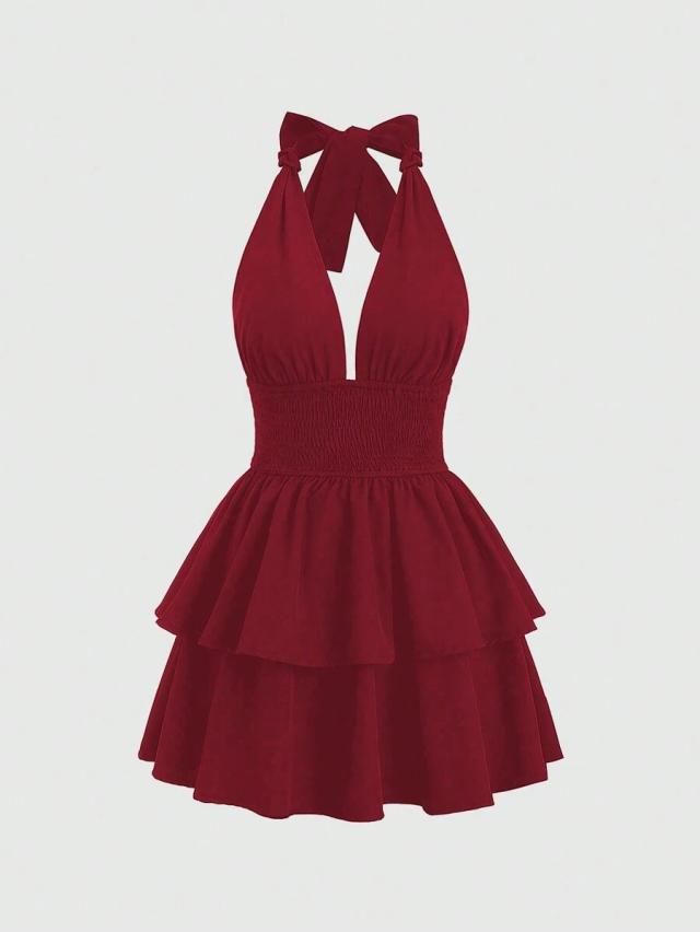 burgundy tie-neck shirred tiered a-line dress