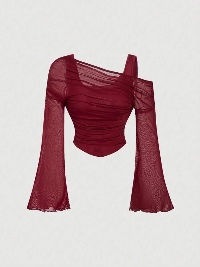 maroon off-shoulder mesh trumpet sleeve top