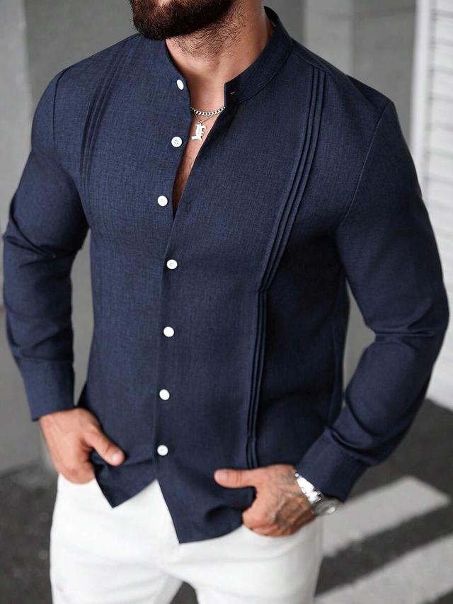 navy blue stand collar button-down shirt