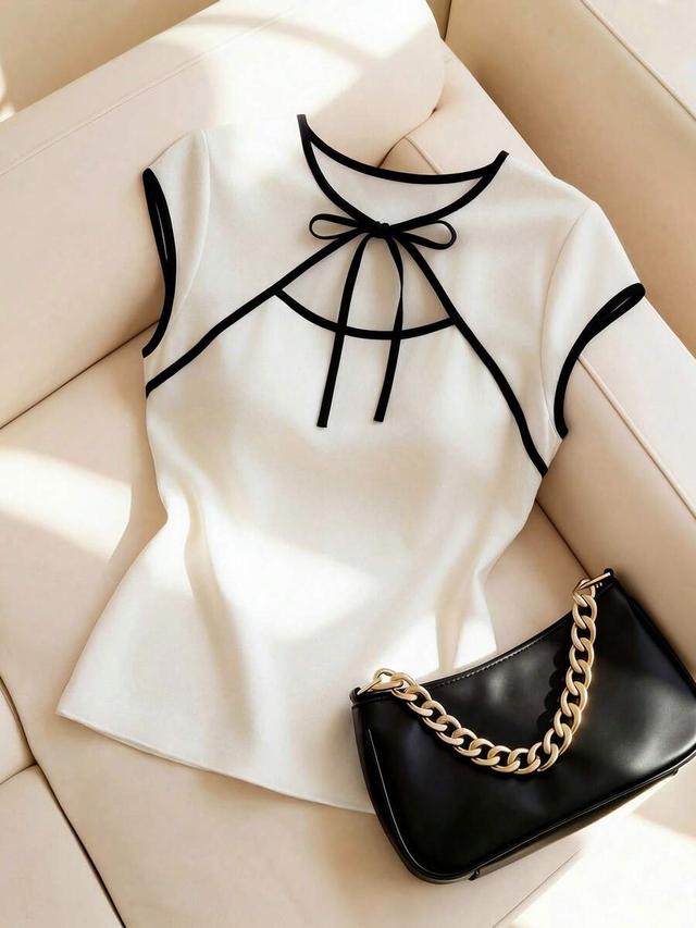 contrast trim lace-up short sleeve jacquard top