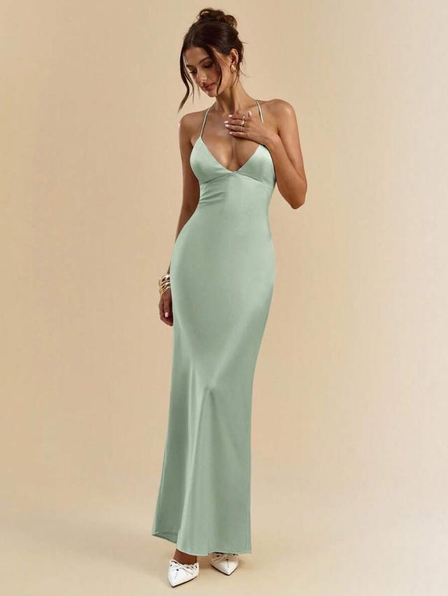 sage green satin deep v-neck backless mermaid dress