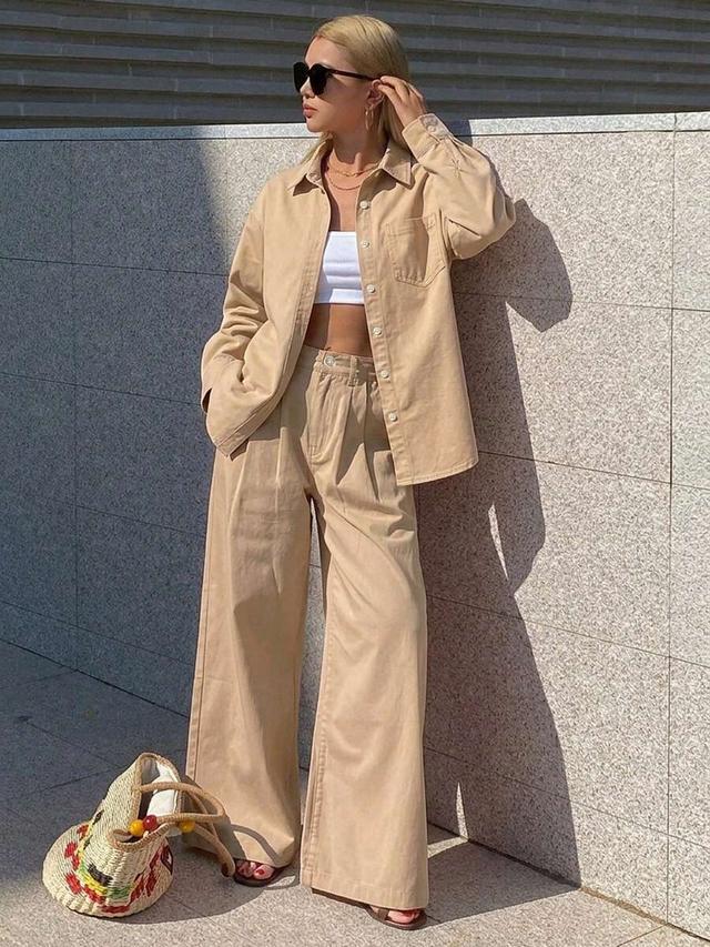beige cotton twill shirt and wide leg trousers set