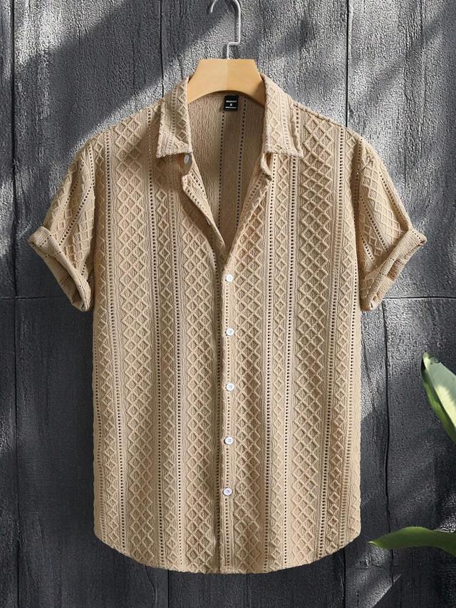 khaki geometric jacquard short sleeve casual shirt