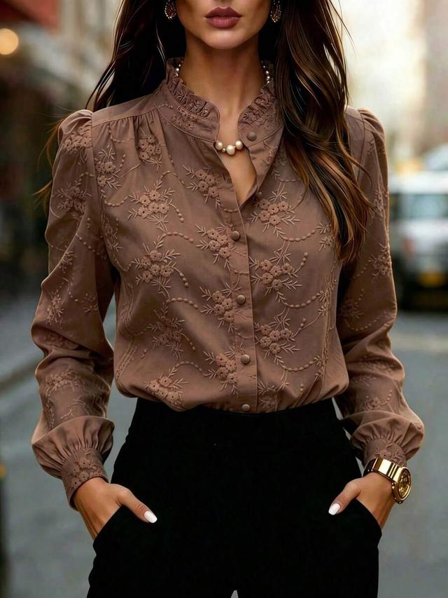 women's solid color long sleeve floral embroidered blouse