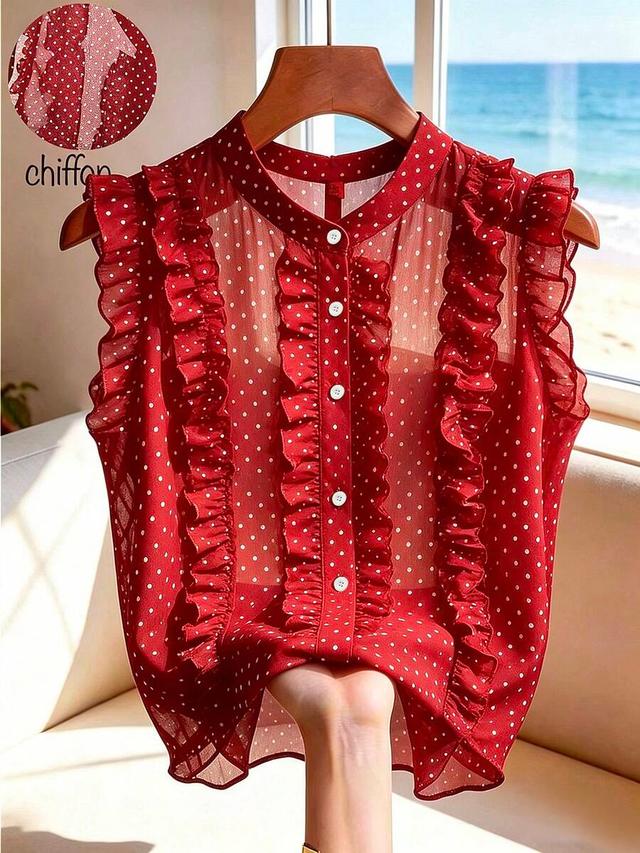 red polka dot chiffon ruffle sleeveless blouse