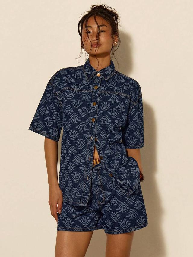printed denim short-sleeve shirt and matching shorts set