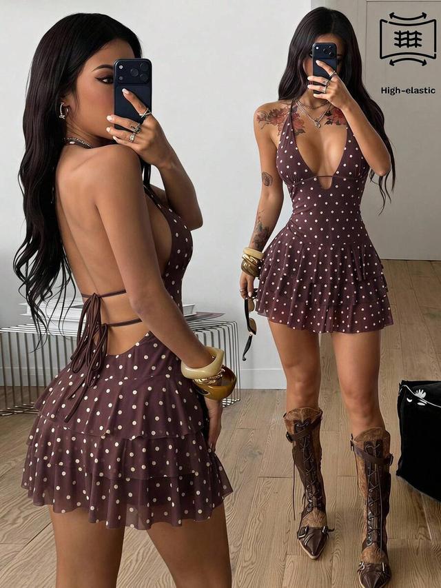 brown and white polka dot ruffle halter backless dress