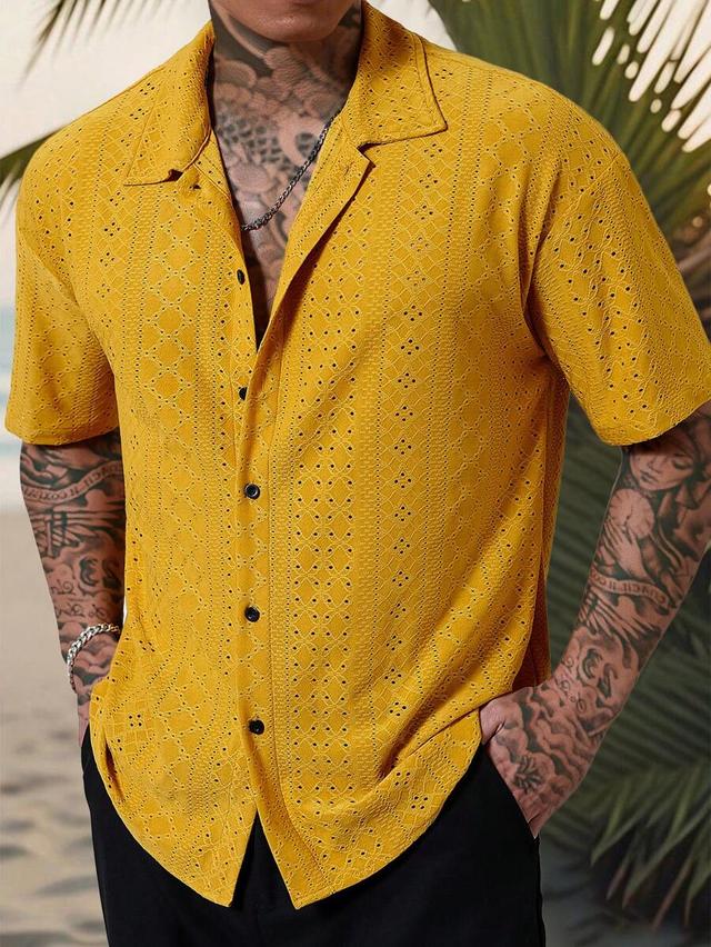 mustard yellow geometric crochet textured short-sleeve shirt
