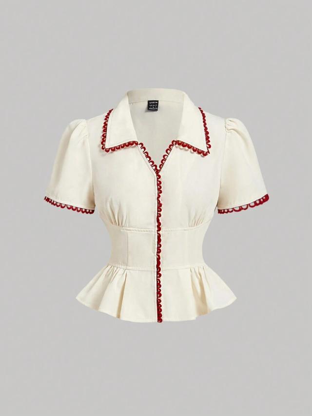 burgundy color block trim peplum blouse