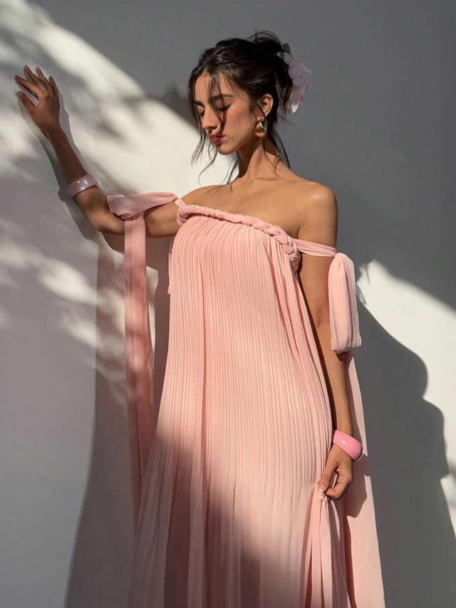 pink off shoulder pleated chiffon maxi dress