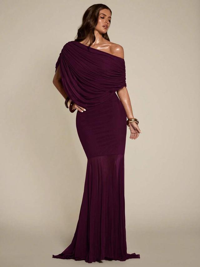elegant solid color asymmetric neckline fishtail evening dress