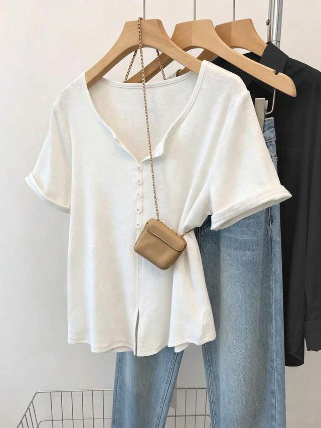 white linen blend button front short sleeve top
