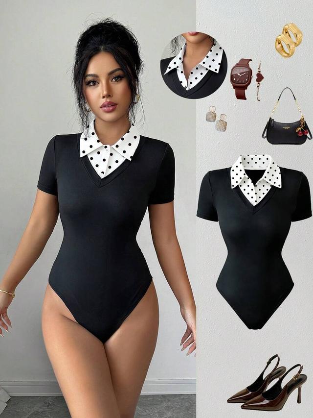 black polka dot collared short sleeve slim bodysuit