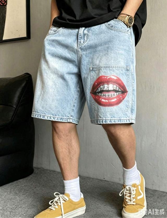light wash denim shorts with red lips print