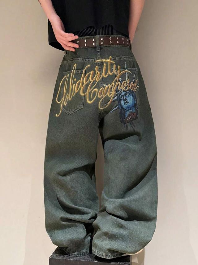 vintage distressed studded statue of liberty print denim jeans
