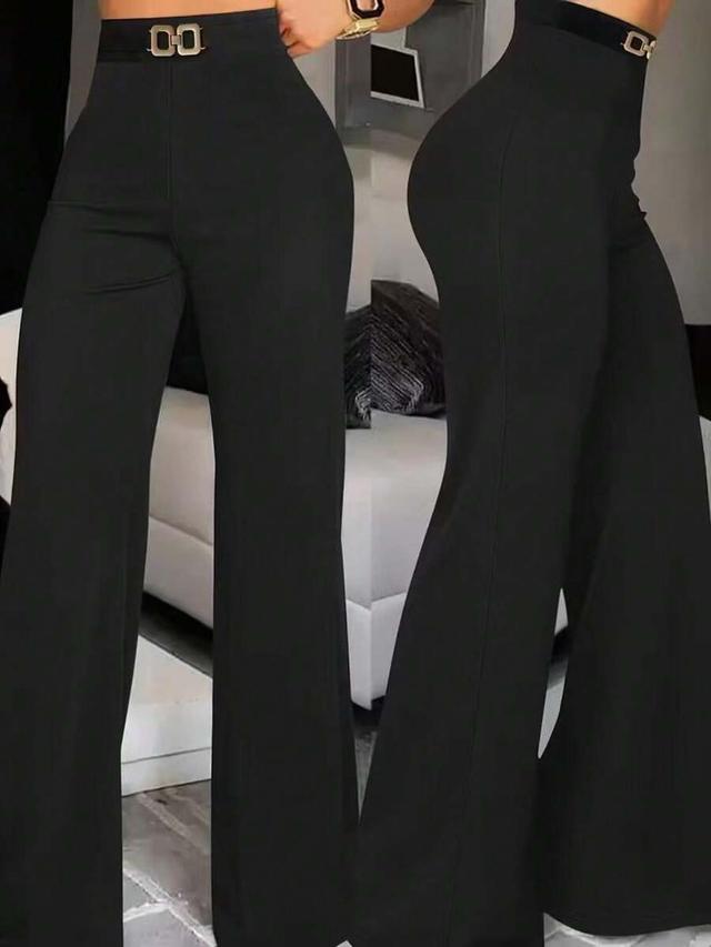 black high waist buckle design straight leg trousers