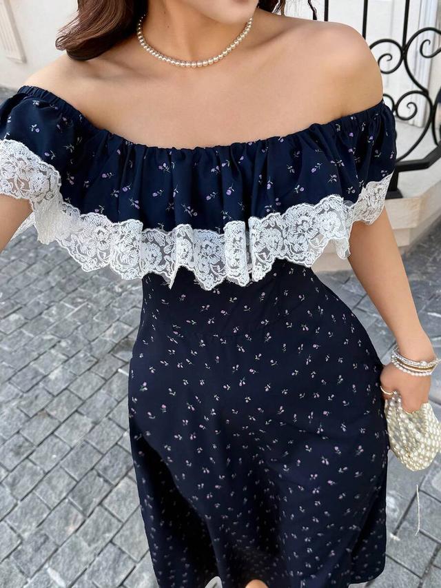 feyla ditsy floral contrast lace ruffle off-shoulder dress