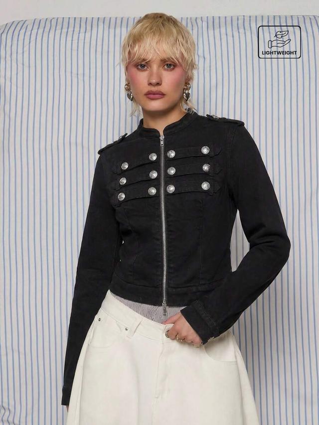 black military style cotton twill cropped jacket