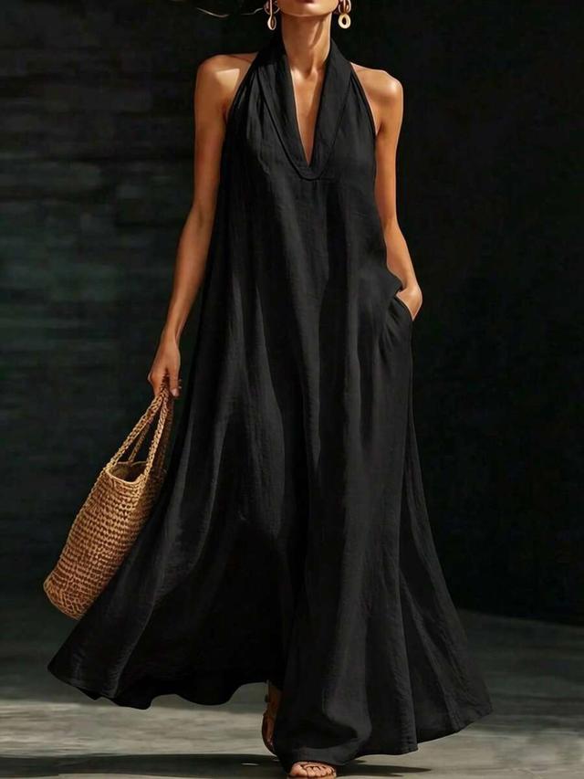 black french slouchy halter v-neck long dress