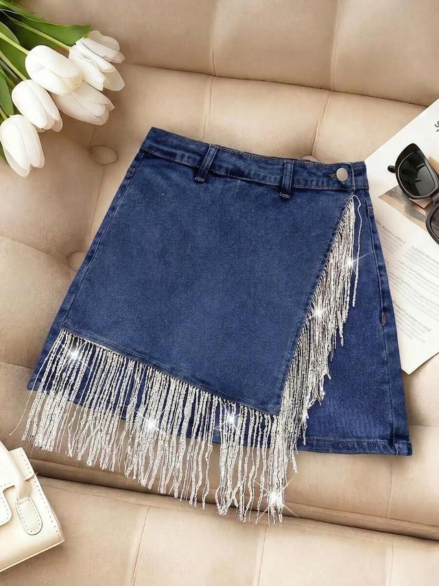 navy blue denim mini skirt with crystal tassel fringe