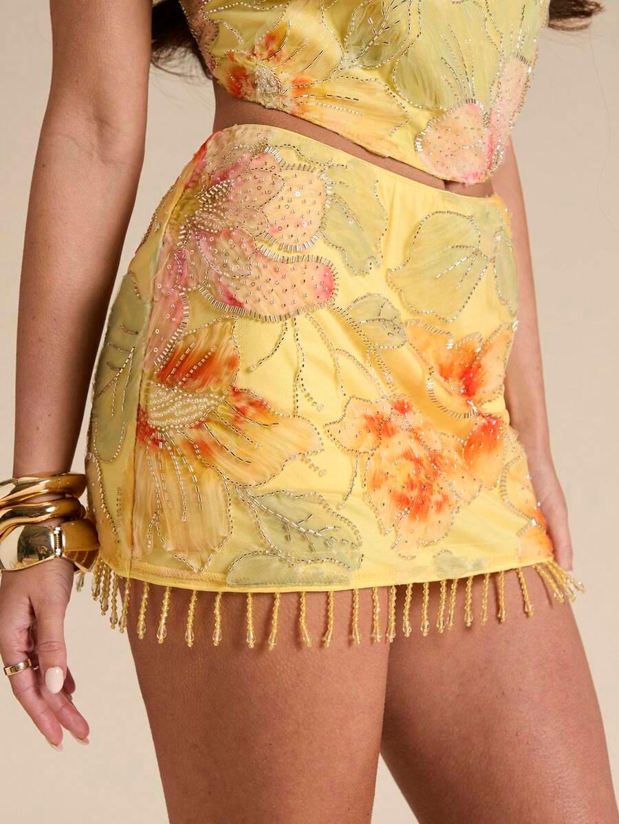 yellow embellished sequin and beaded floral mini skirt