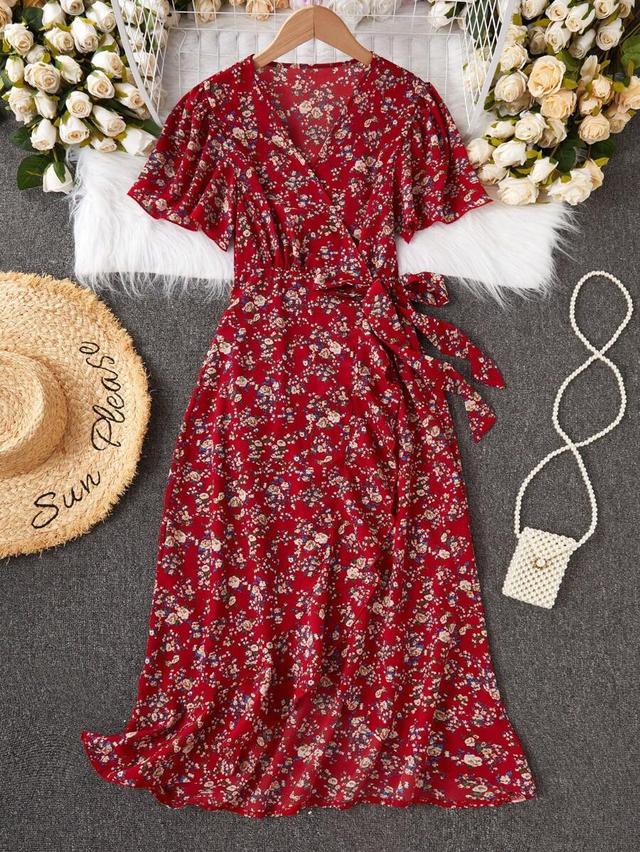 red floral v-neck wrap maxi dress with belt