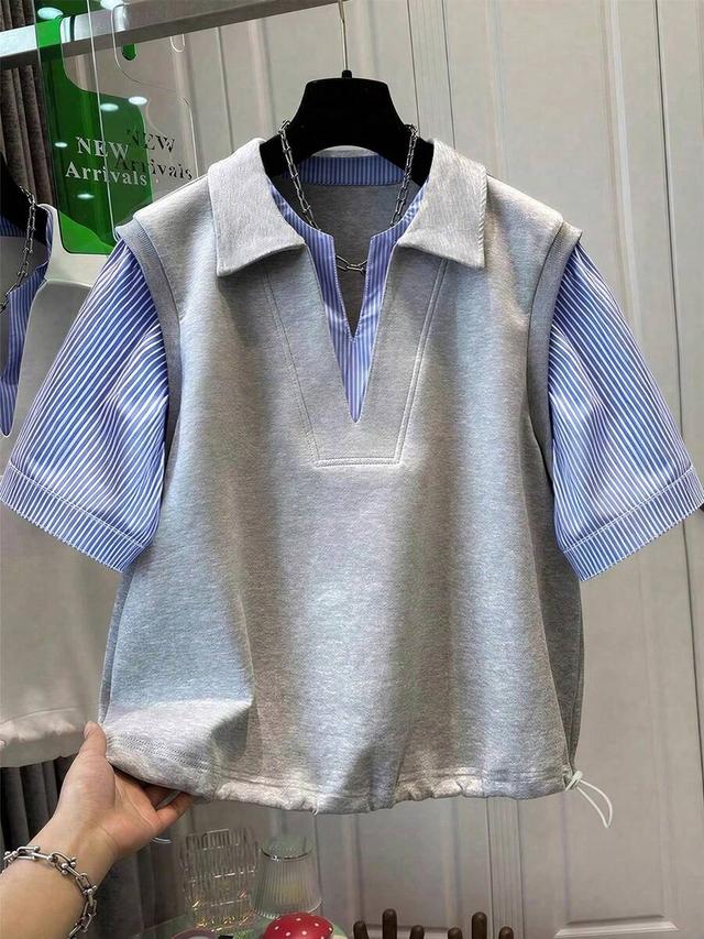 casual grey sweatshirt and blue striped shirt patchwork top
