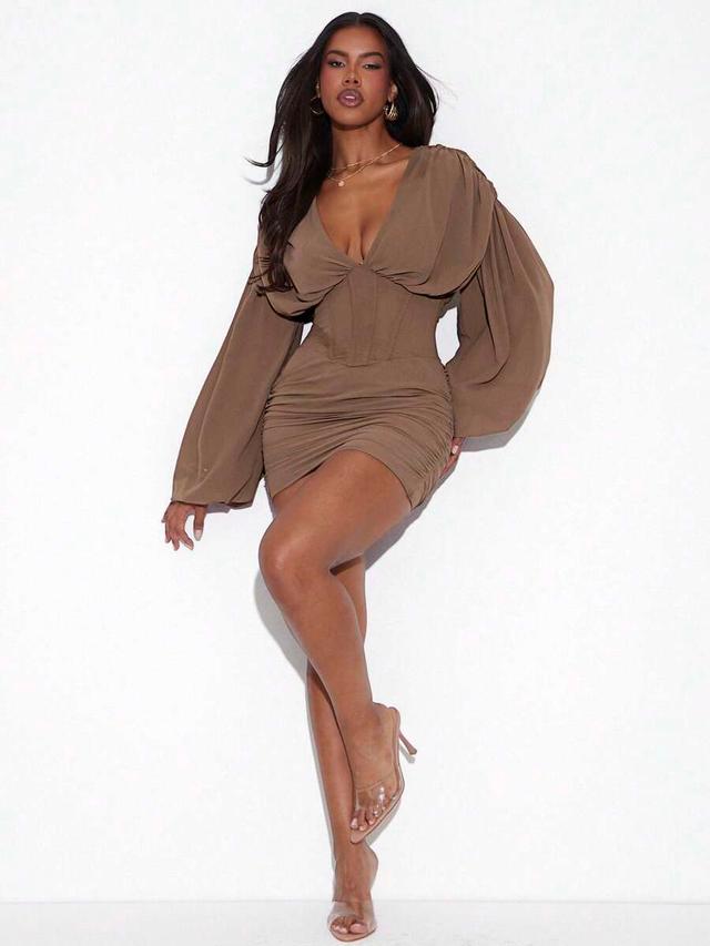mocha brown chiffon corset mini dress with balloon sleeves