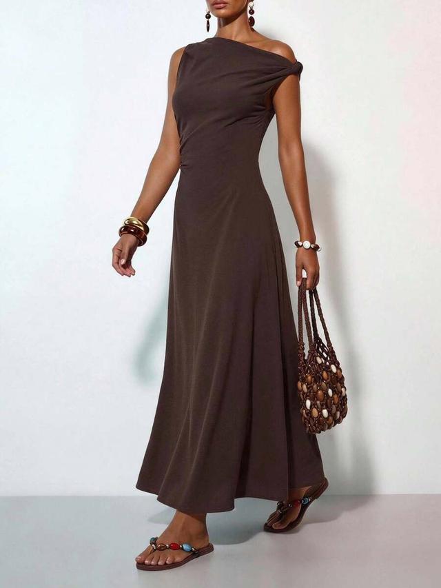 dark brown linen one-shoulder pleated a-line long dress