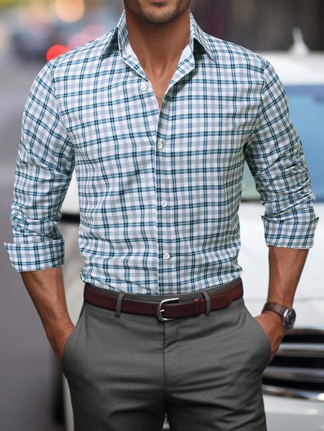 men's green and white plaid long sleeve shirt