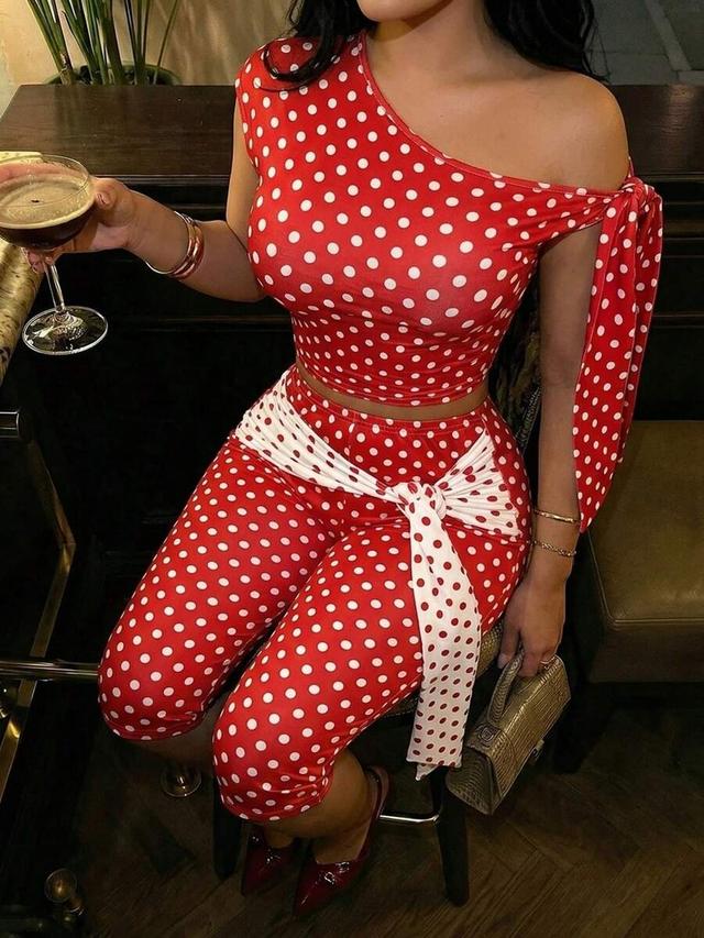 red and white polka dot tie-front coord set