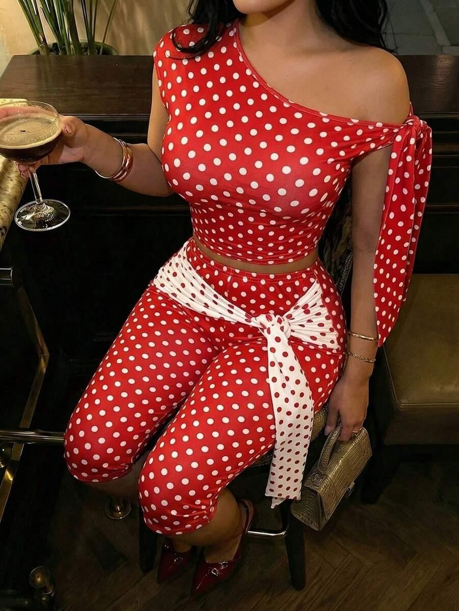 red and white polka dot tie-front coord set