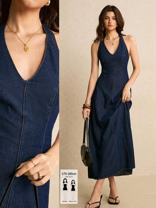 navy blue halter denim maxi dress