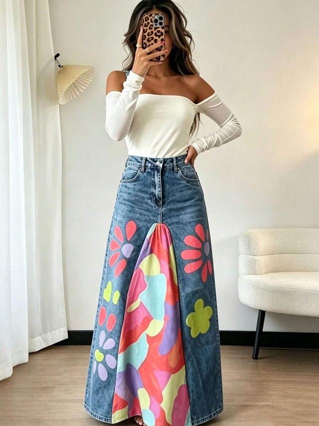 women's denim colorful patchwork print high waist jean skirt