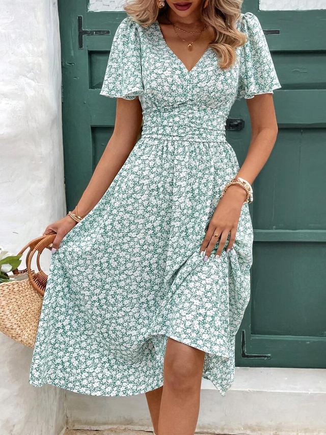 floral print v-neck ruffle sleeve midi dress